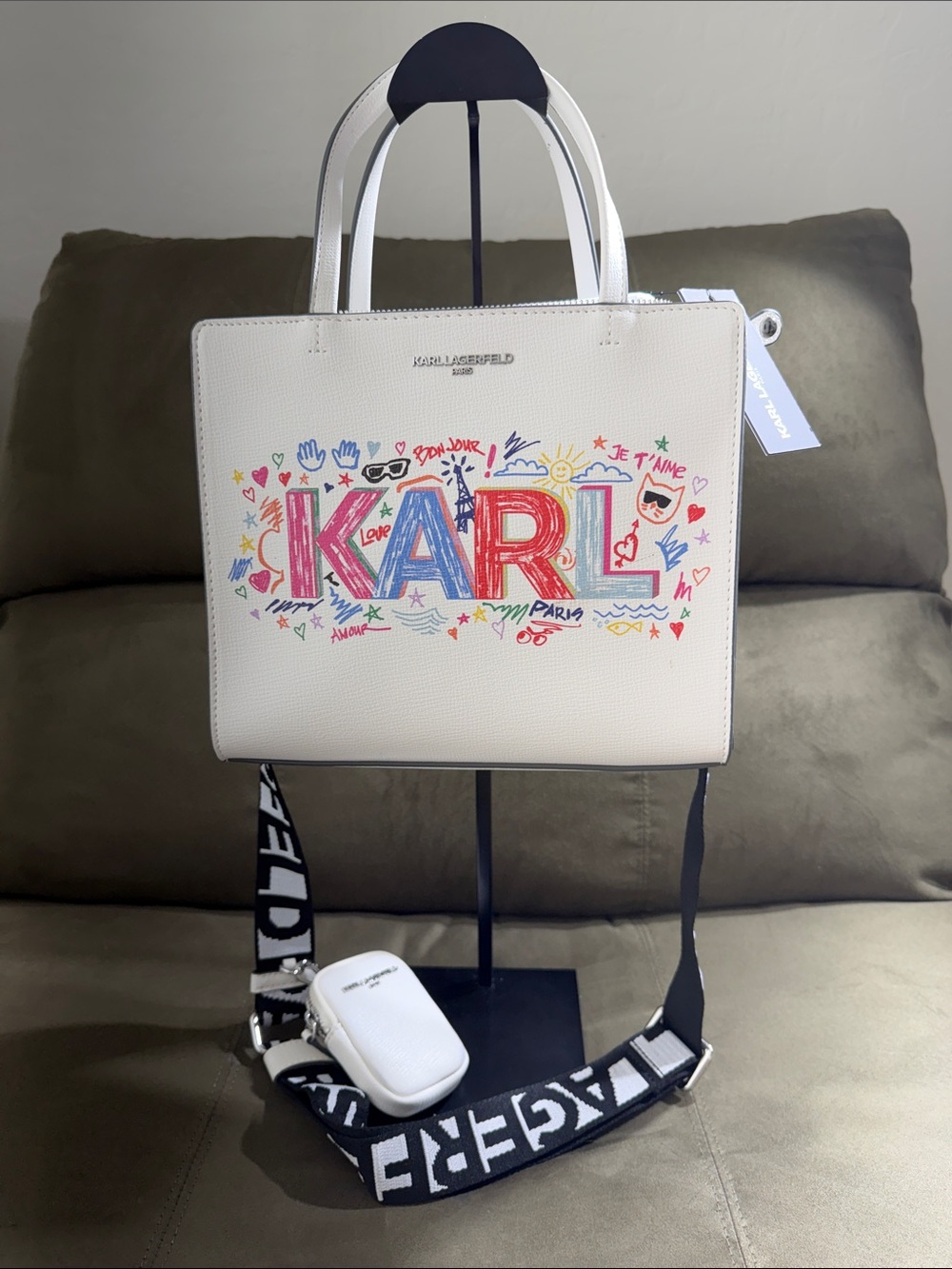 Karl Lagerfeld Paris Maybelle Graffiti Tote Crossbody Bag White Leather NWT